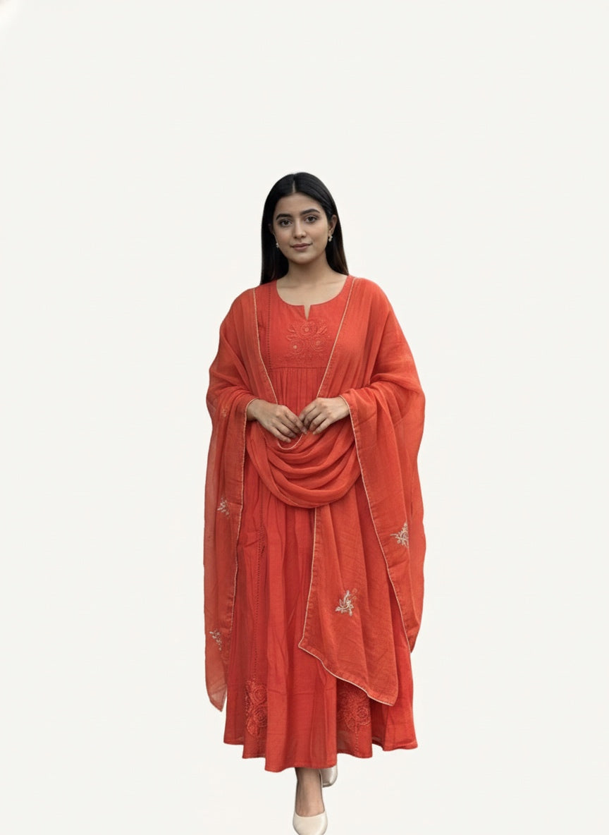Three piece panel anarkali in pure mul chanderi