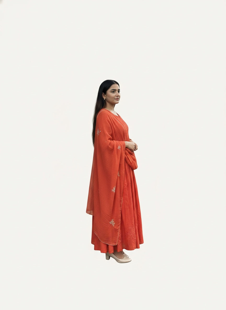 Three piece panel anarkali in pure mul chanderi